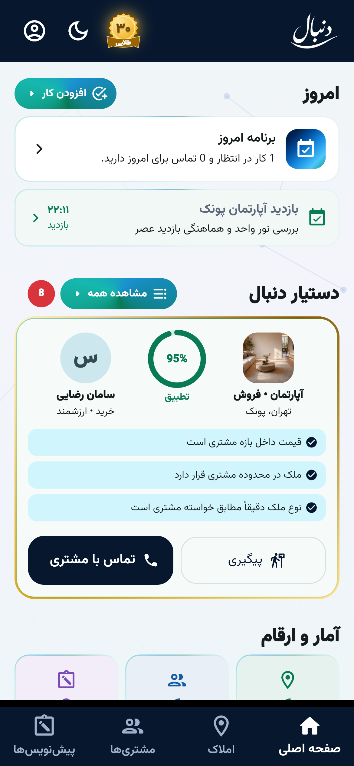 Dashboard واقعی دنبال؛ پیگیری بازدید و تطبیق ملک و نیاز مشتری با دادههای نمایشی